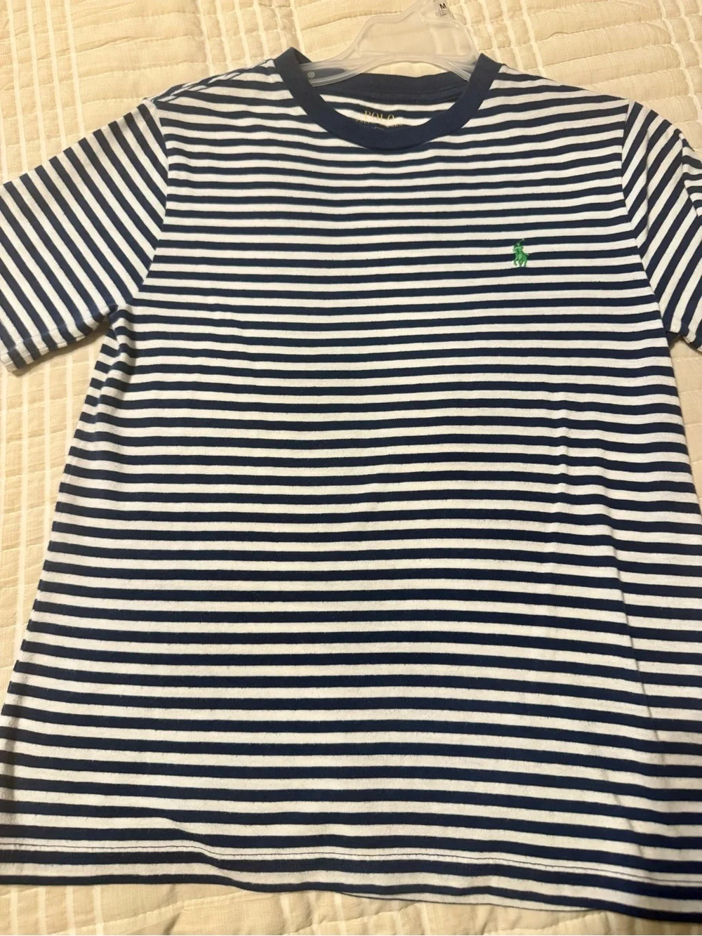 Ralph Lauren Navy & White Striped Cotton Tee with Green Pony